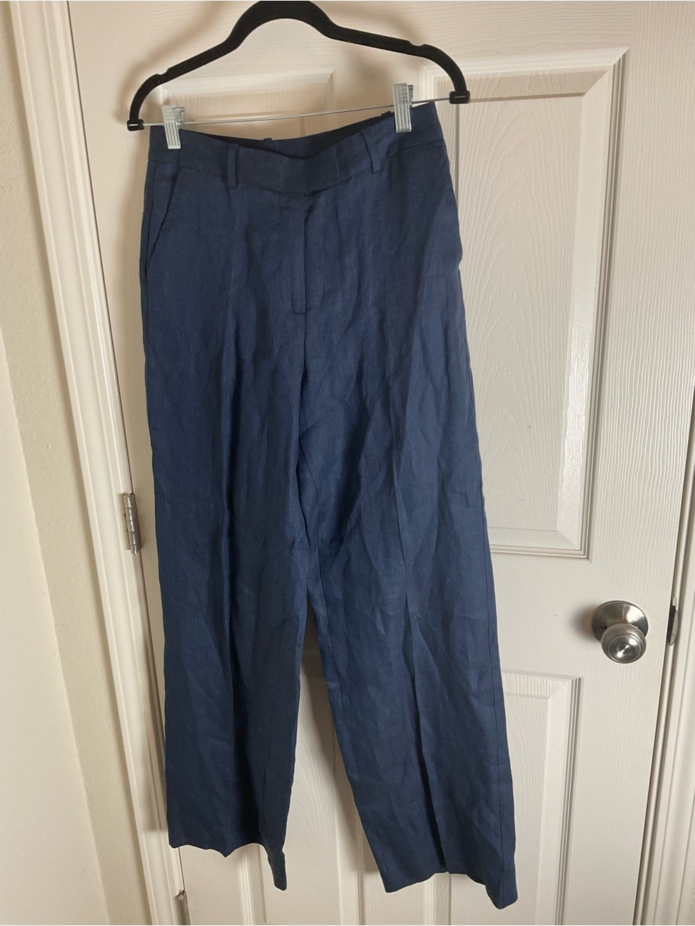 Zara Navy Blue Herringbone Linen Wide Leg Pants S - Picture 2 of 11